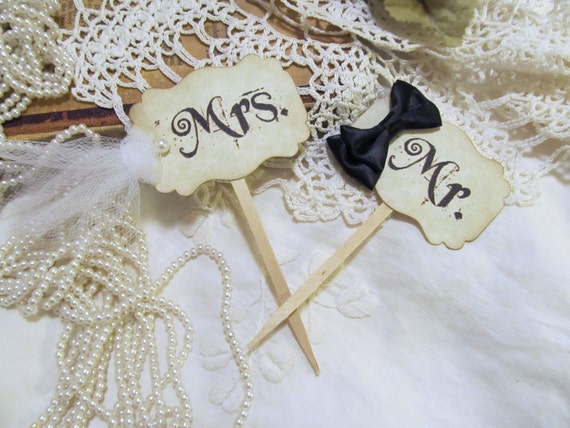 Mr. and Mrs. Bride and Groom Wedding Cupcake Cake Slice Parchment Toppers Picks - Set of 2