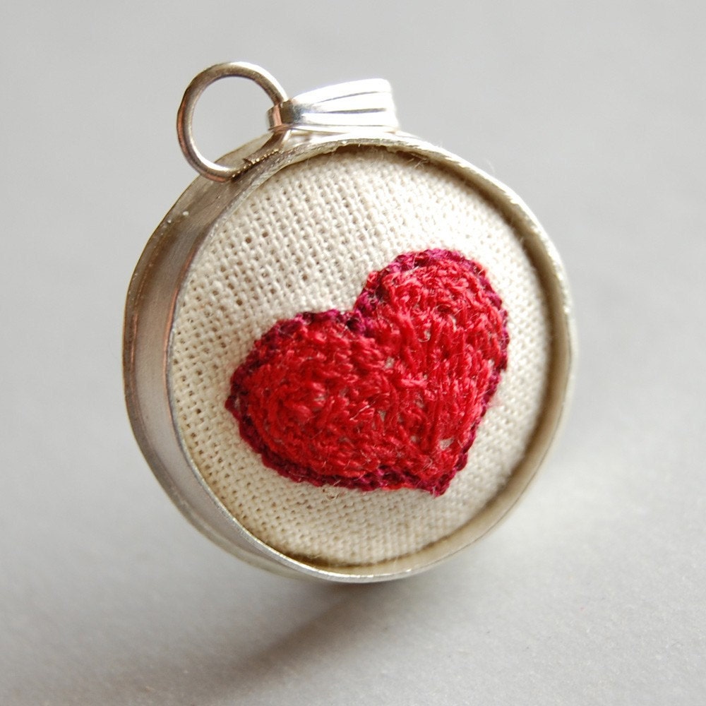 Handmade Sterling Silver Pendant with Embroidered Heart