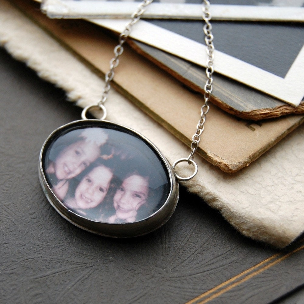 16 Inch Simple Horizontal Oval Custom Photo Necklace in Sterling Silver