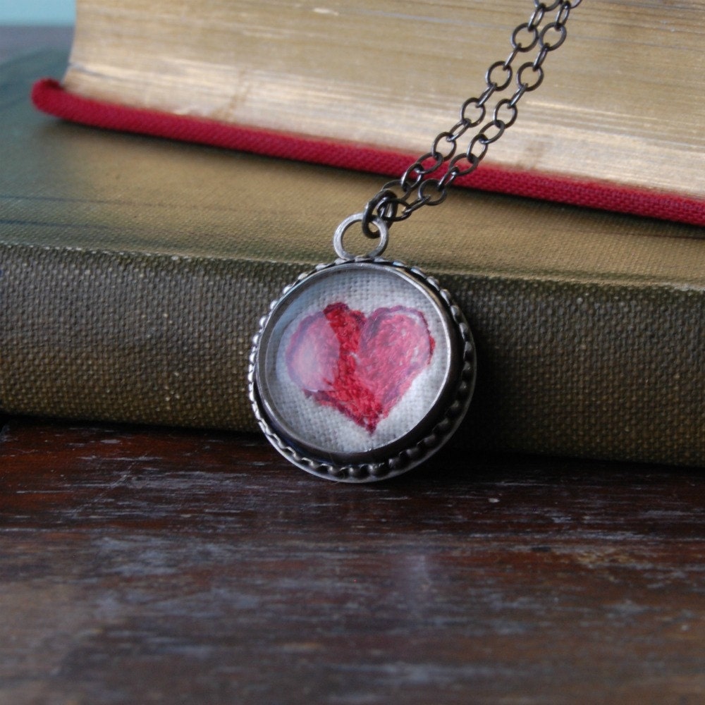 Valentine's Day Handmade Antiqued Sterling Silver Necklace with Hand Crafted Embroidered Heart Pendant