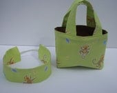 Jungle Gift Set Green Springy Monkey Teeny Tote Bag Bucket Basket with Matching Headband