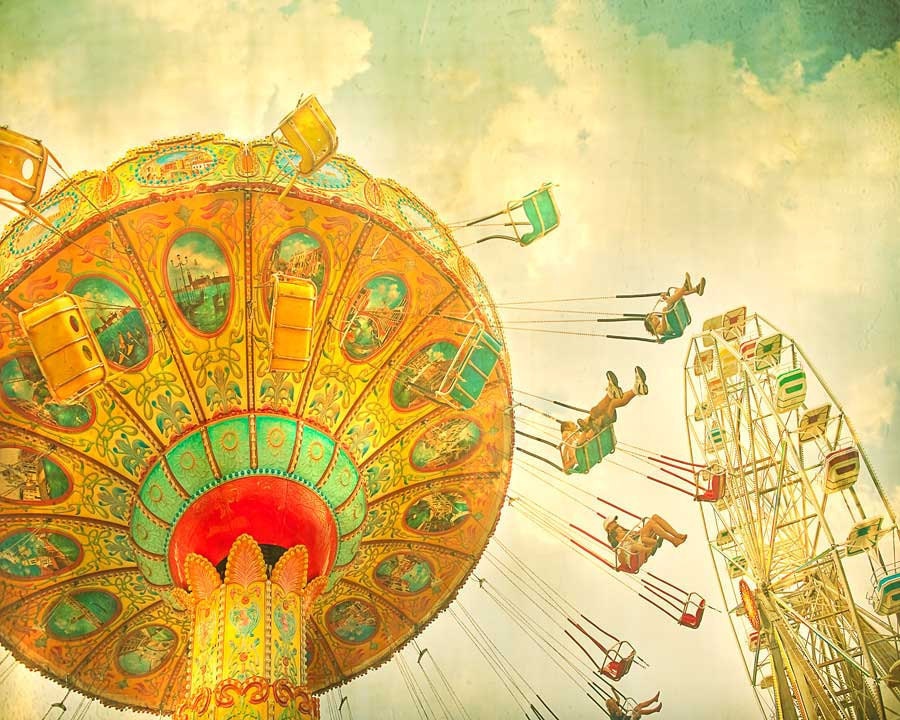 Retro Carnival Photography, Vintage Ferris wheel Art teal green sky spring photo nursery decor, county fair fine art 24x30 photograph