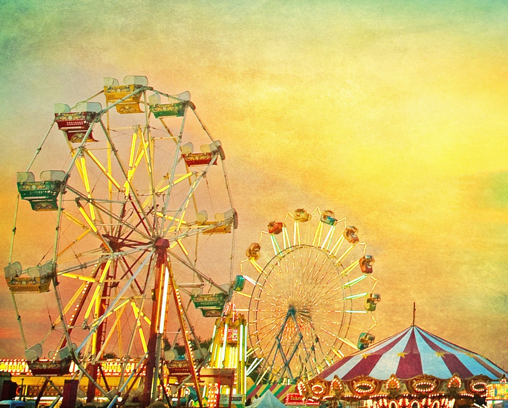 Carnival photography, Ferris wheel, county fair, mustard textured teal green sky carousel nursery decor 11x14 - CarlChristensen