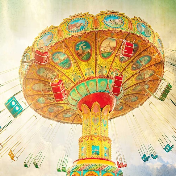 Carnival photography, fine art photography, circus art, swing ride - orange yellow carnival circus swings midway county fair - 5x5