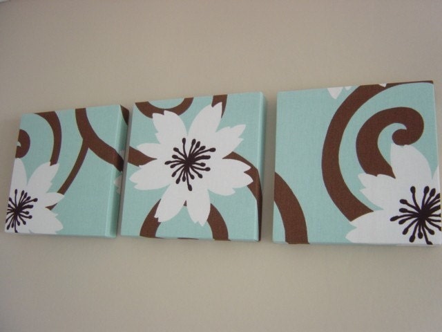 Handmade Set Of 3 Contemporary Flower Duck Egg Blue Chocolate Brown Wall Hanging Canvases Wall Art (Matching Pillows Available)