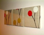 Set Of 3 Contemporary Designer Retro Print Design Red Charcoal Grey Green Holly Wall Hanging Canvases Fabric Wall Art Wall Decor NEW FABRIC