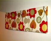 Handmade Set Of 3 Contemporary Modern Designer Retro Print Design Very Funky  Pink Red Green Mustard Brown Cream Flower Wall Hanging Canvases Fabric Wall Art Wall Decor,NEW FABRIC