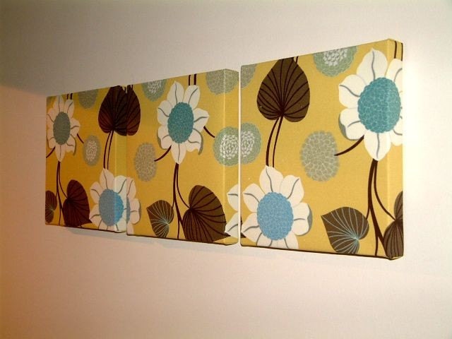 Handmade Set Of 3 Contemporary Modern Designer Retro Print Design Very Funky Duck Egg Blue Saffron Yellow Flower Wall Hanging Canvases Fabric Wall Art Wall Decor,NEW FABRIC