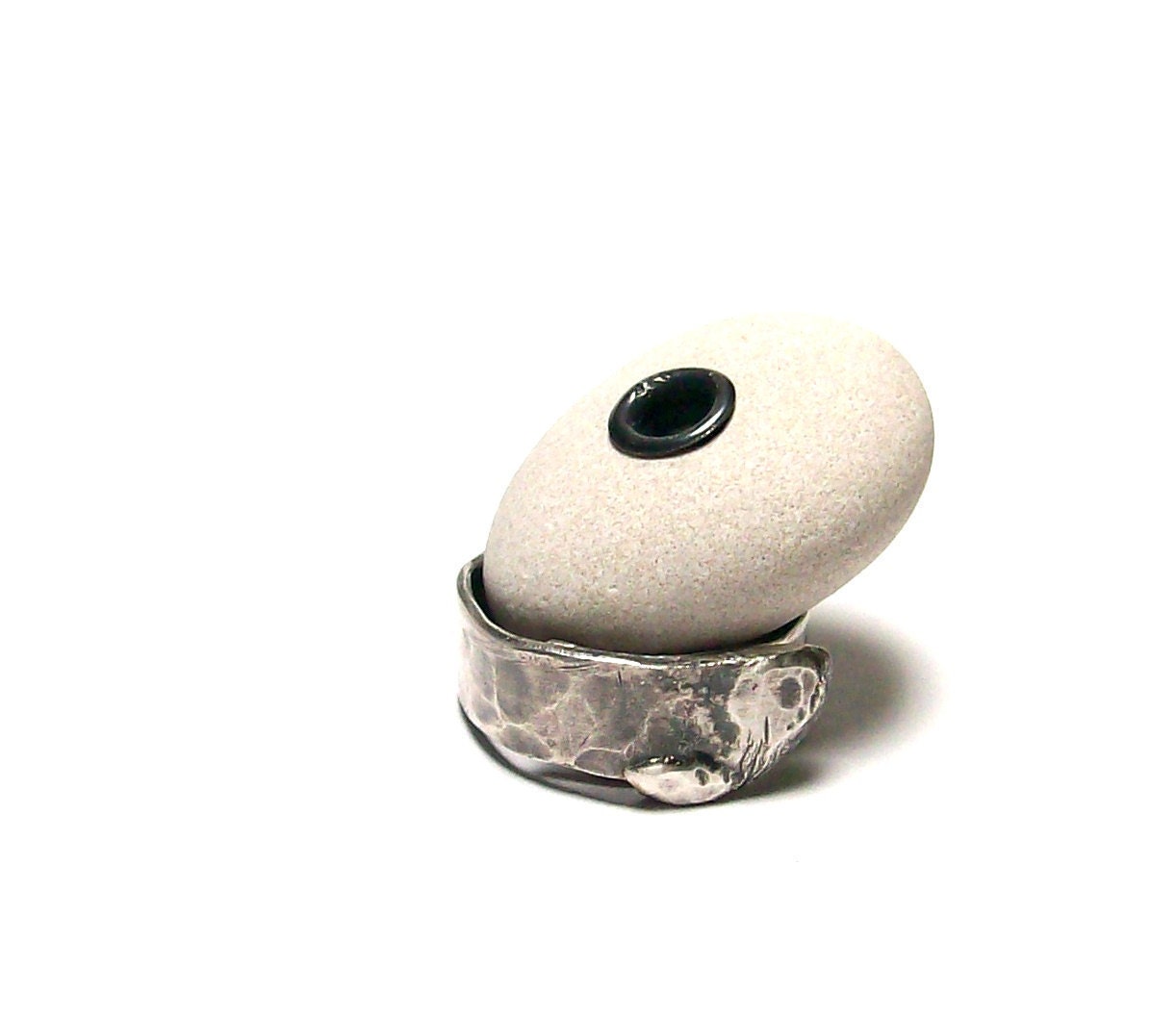 Riveted Beach Stone - Genuine Drilled Pebble - Lake Rock Wheel Donut Jewelry Bead - "Purity" by StoneMe