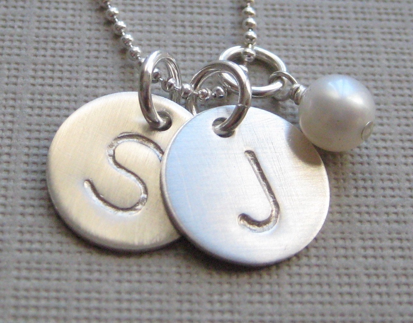 TWO INITIALS Small charm - Hand stamped personalized sterling silver / Keepsake necklace with a Freshwater pearl (NI007)