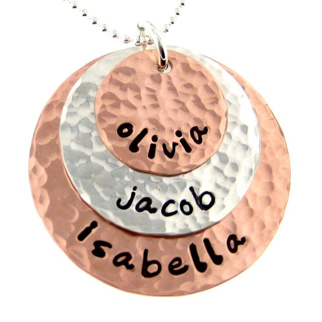THREE names round pendants - Hand stamped sterling silver and copper Keepsake necklace (NN009)