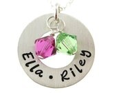 Hand Stamped Jewelry - CIRCLE OF LOVE (Small) - Mothers Diamond Shape Birthstone Necklace - Personalize with names dates (NN049)