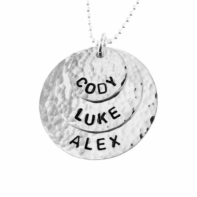 THREE names round pendants - Hand stamped sterling silver / Personalized custom / Keepsake necklace (NN022)