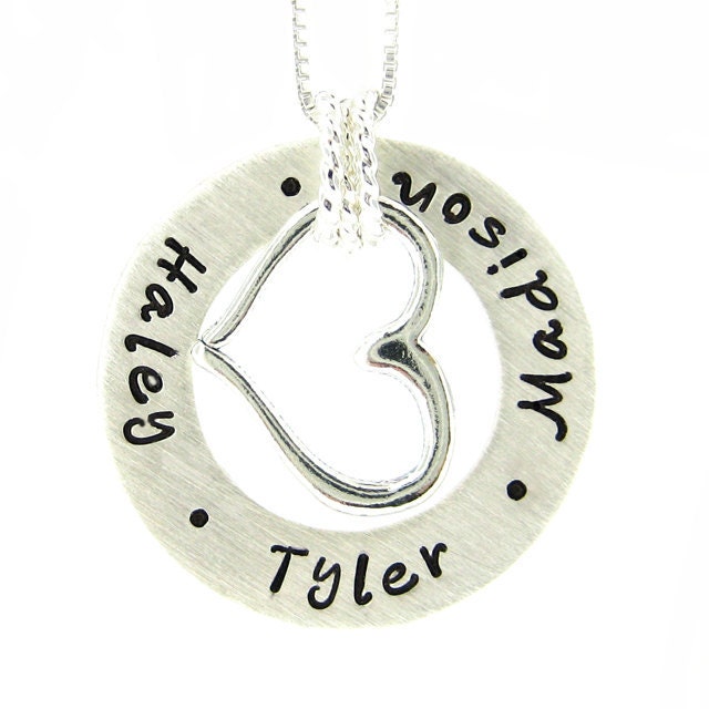 Hand Stamped Sterling Silver Personalized Necklace - Circle of Love necklace with a Large Open Heart Charm (NN045)