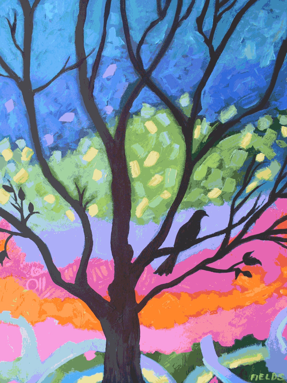 Bird Sky Tree Art Solemn Sunset  - Print by Karen Fields 11 x 14