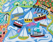 Baby Boy Nursery Art Ducks Nursery Art Print - Ducks at Sailboat Bay - Print by Karen Fields 19 x 13