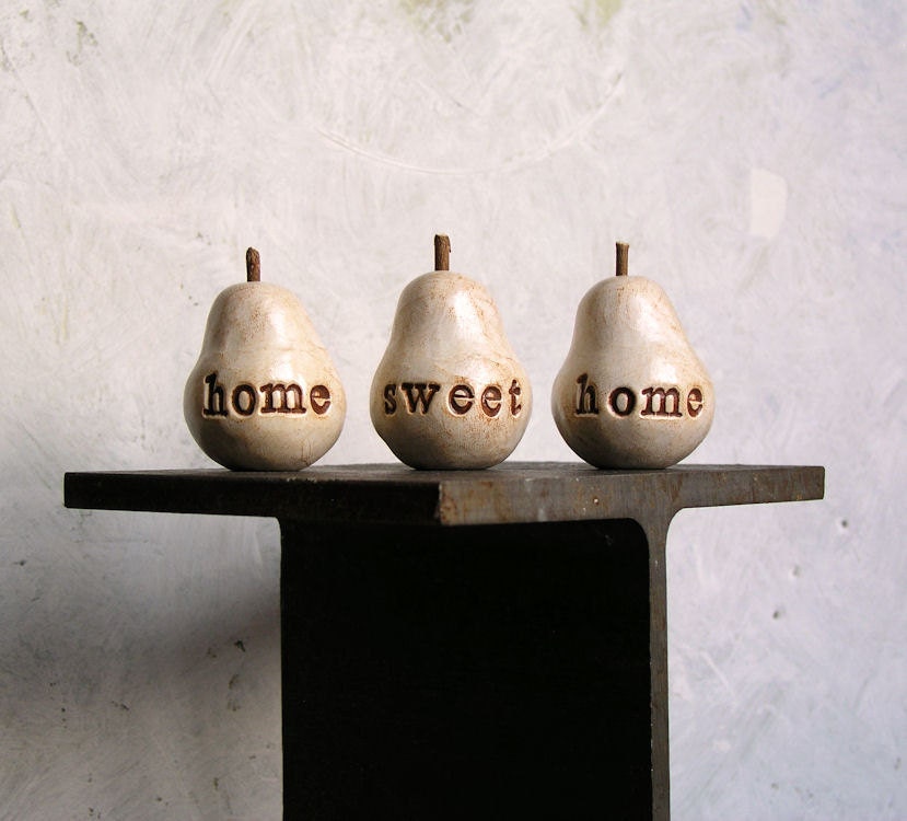 Housewarming gift ... home sweet home ...Three handmade decorative polymer clay pears ... 3 Word Pears, white