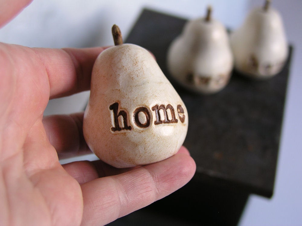 Housewarming gift ... home sweet home ...Three handmade decorative polymer clay pears ... 3 Word Pears, white