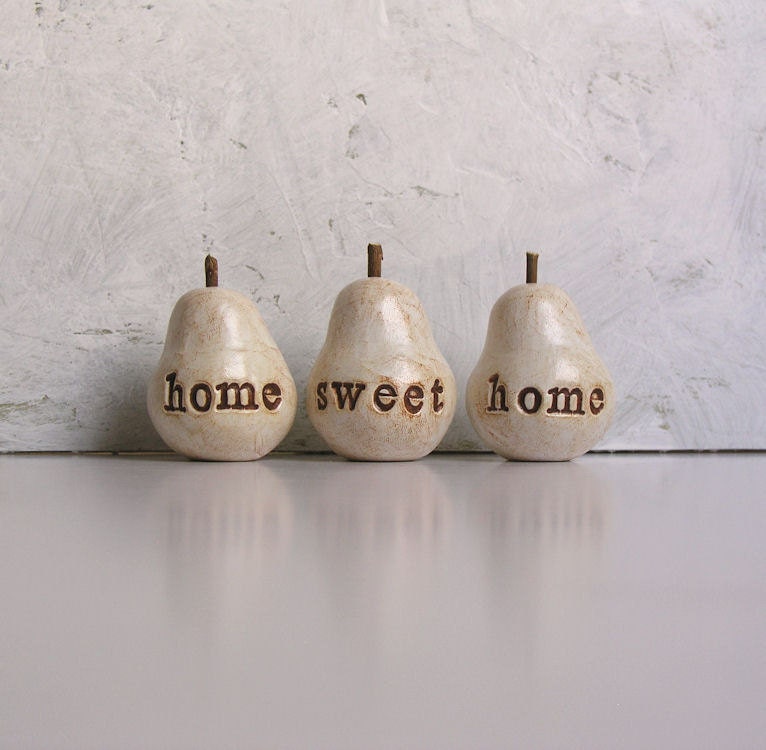 Housewarming gift ... home sweet home ...Three handmade decorative polymer clay pears ... 3 Word Pears, white