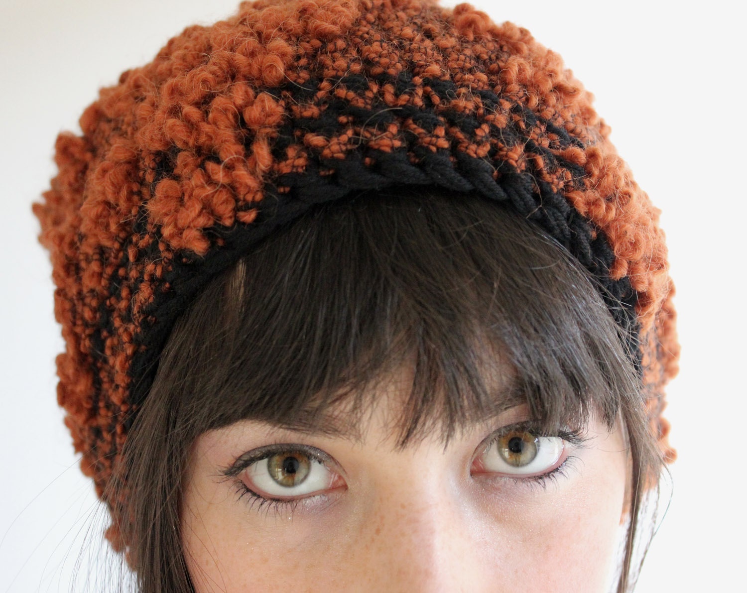 Slouchy Hat in  Rusty Orange and Black with Texture Crochet Handmade - twoknit