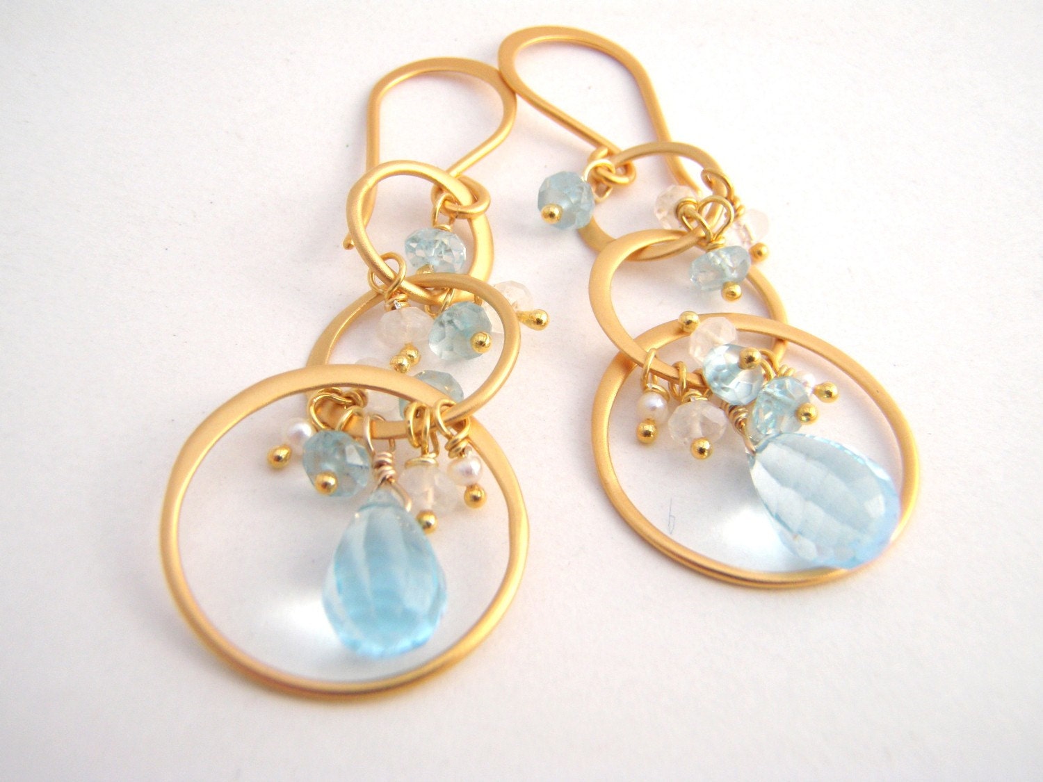 Blue Topaz Chandeliers With Moonstone And Seed Pearls - Gold - White - Chandeliers Earrings