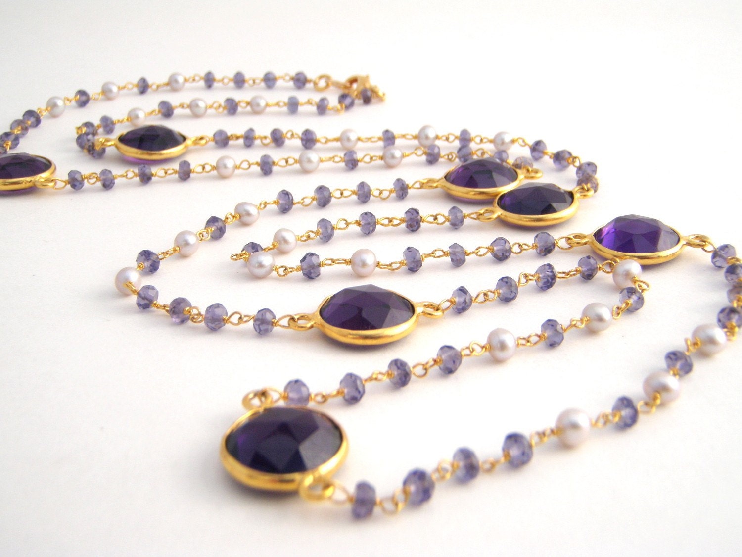 Amethyst And Pearl Rosary Necklace Set - 33 Inches - Purple - White - Gold - Long Necklace