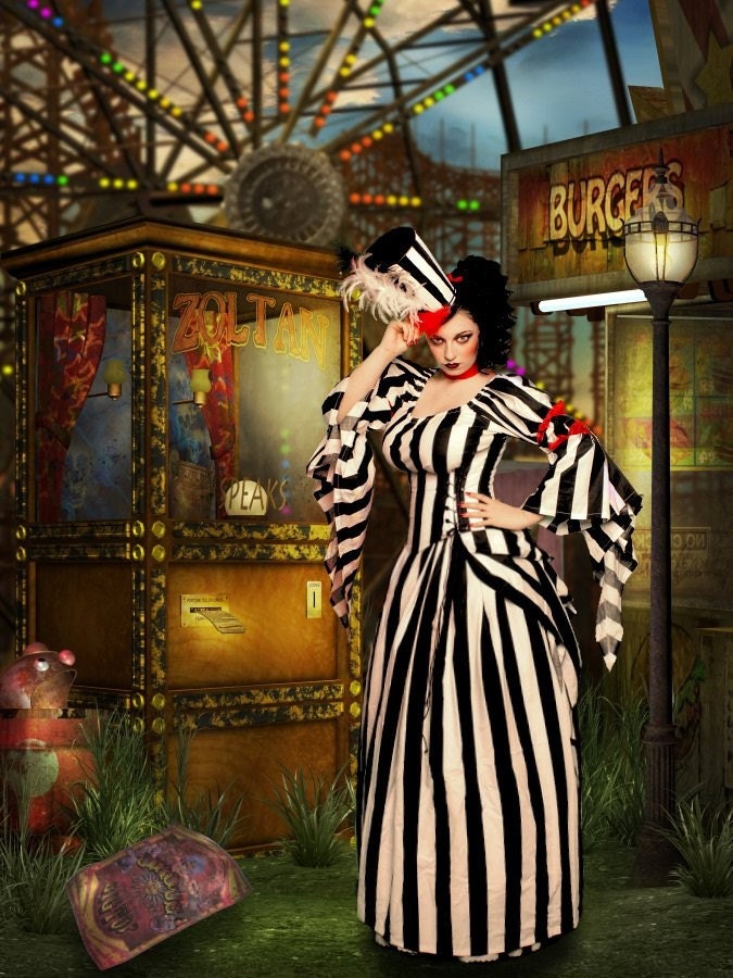 Circus Style Steampunk Black and White Stripe Corset, Bustle, Top and Skirt - by LoriAnn Costume Designs - Custom Size