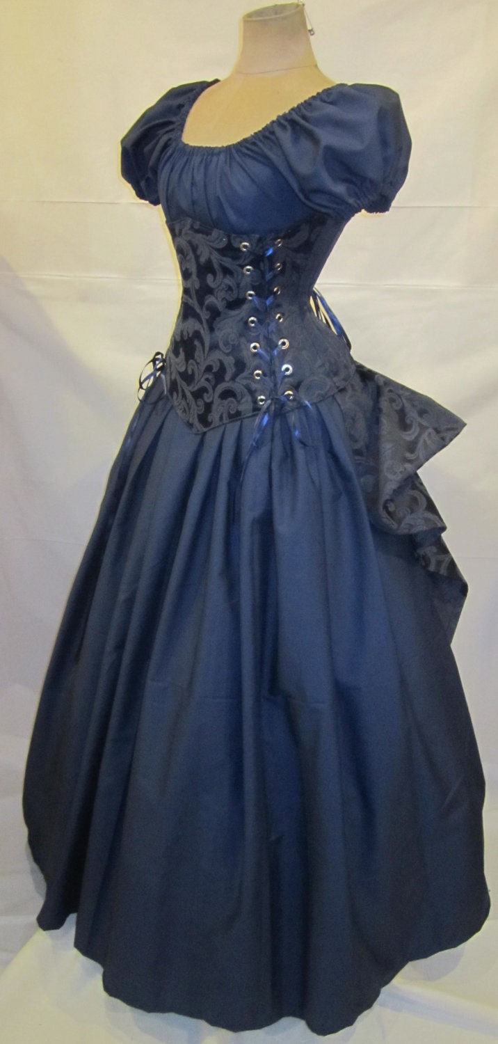 Lady Arabella - Custom Size - Blue Brocade Corset, Puff Sleeve Top, Skirt, and Add-A-Bustle by LoriAnn