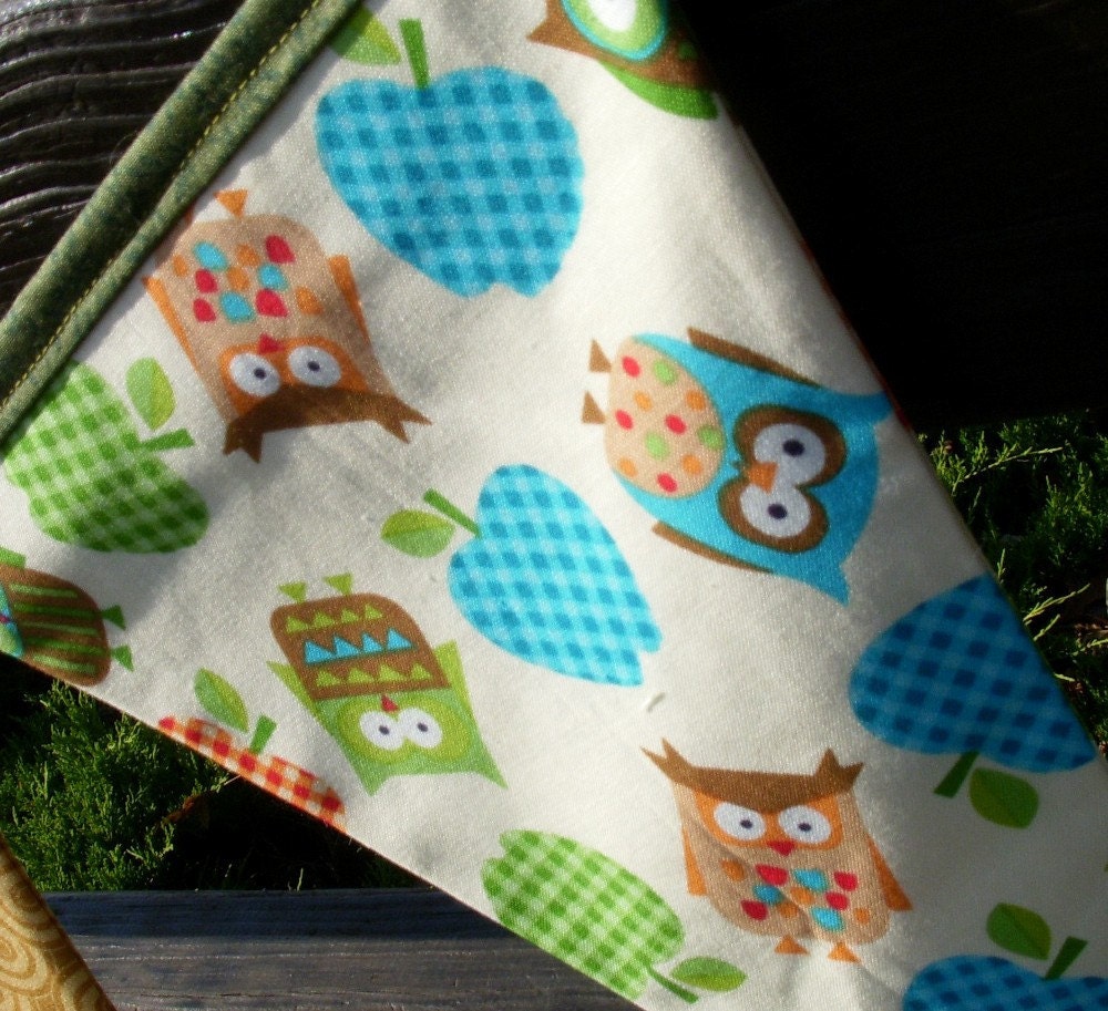 Hoot Hoot Owl and Apple Banner  Bunting Flags in Blue and Gold