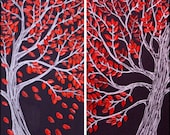 Original Oil Painting Heavy Texture Palete Knife red trees wall art  "Stand By Me"  by QIQI GALLERY