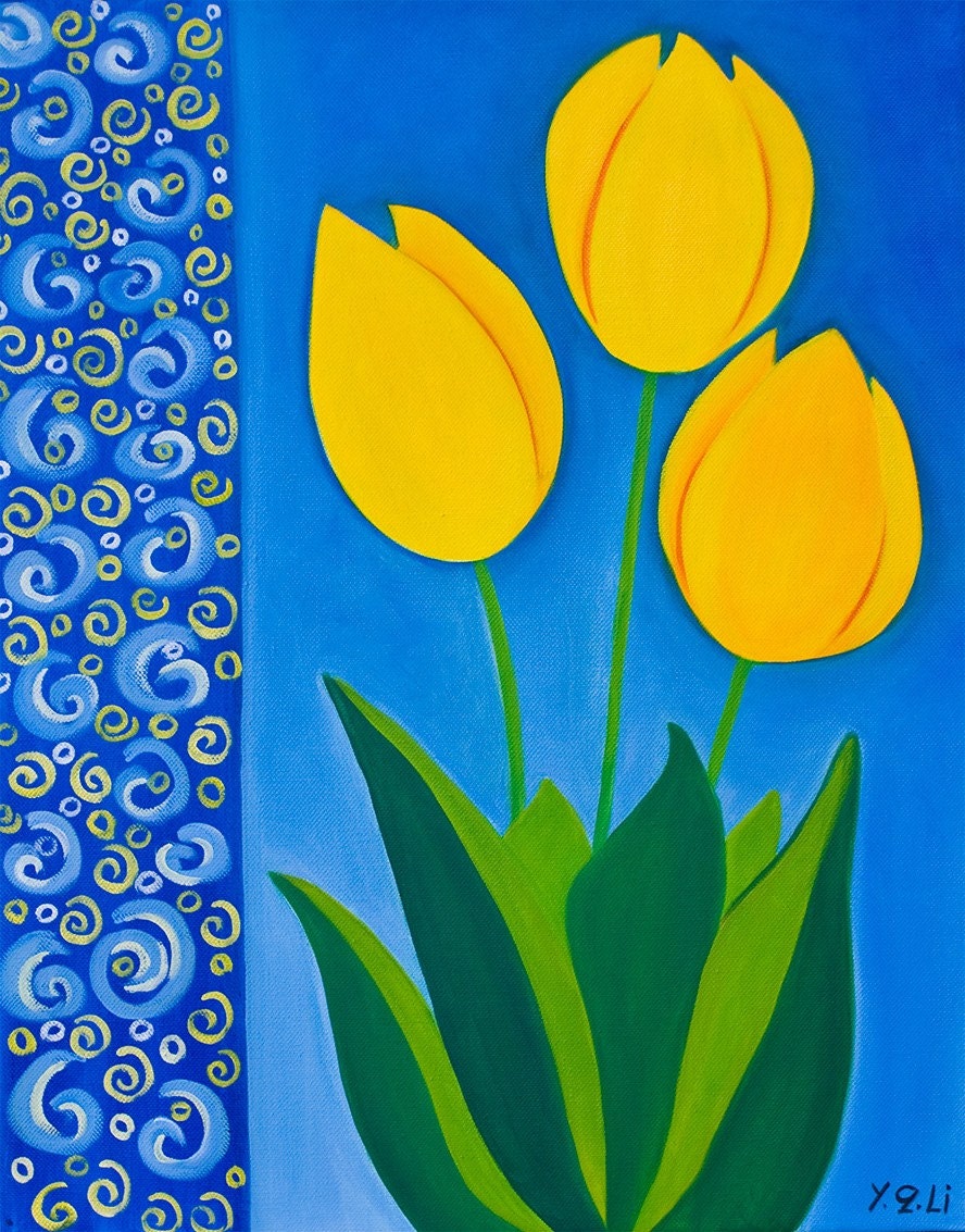 Original Oil Painting "Blue and Yellow Tulips" by qiqigallery