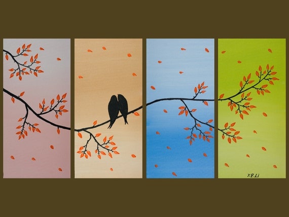 Original Modern Abstract Heavy Texture Impasto Palette Knife Painting Tree Landscape Wall Decor "Love Birds on Branches" by QIQIGALLERY