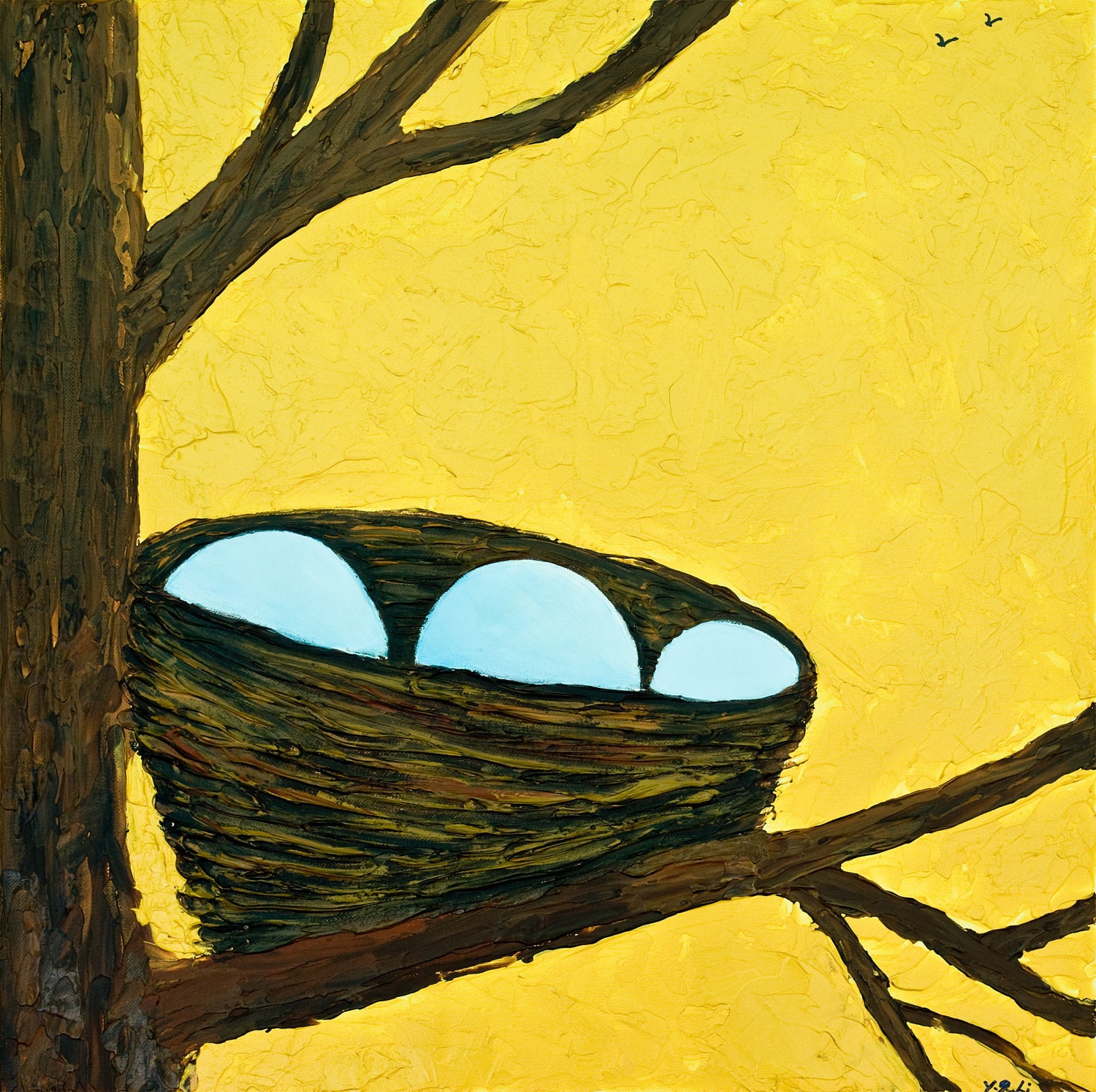 Original Contemporary Modern Heavy Texture Impasto Palette Knife Metallic Gold Painting "Birds Nest" by QIQIGALLERY