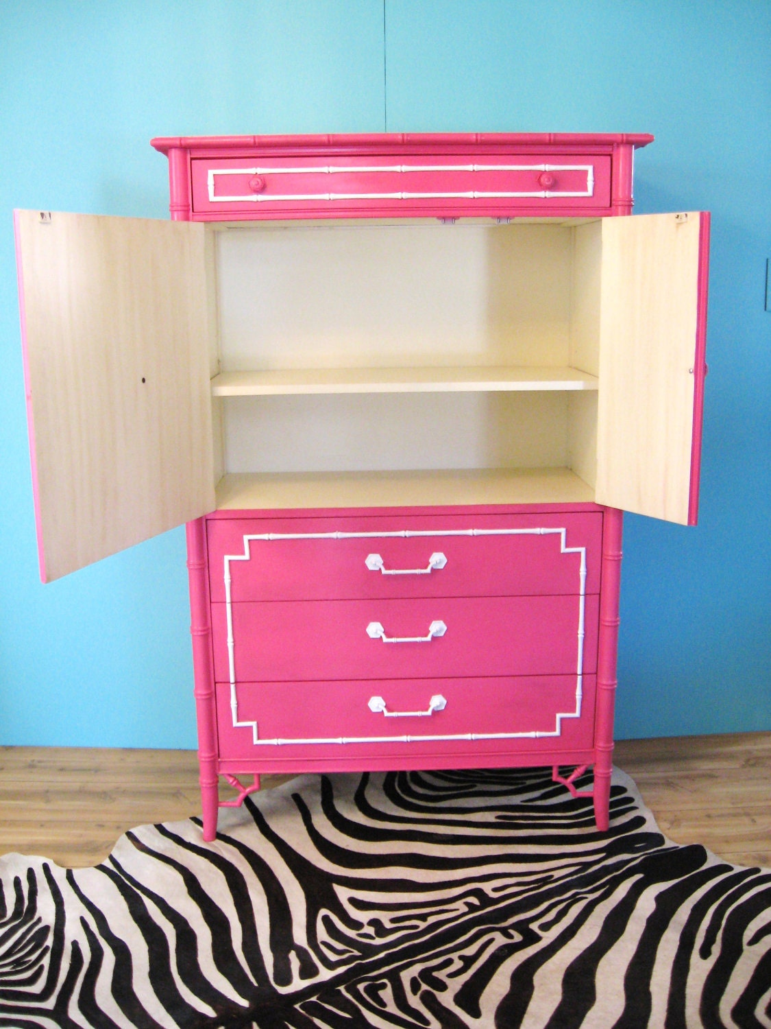 Vintage HOLLYWOOD REGENCY Hot Pink Faux BAMBOO Chest Dresser
