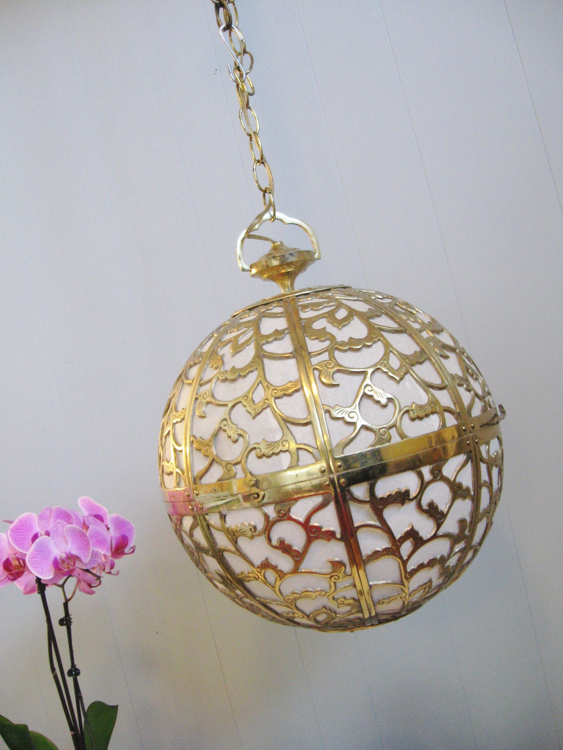 Vintage HOLLYWOOD REGENCY Pierced BRASS Orb Hanging Lamp