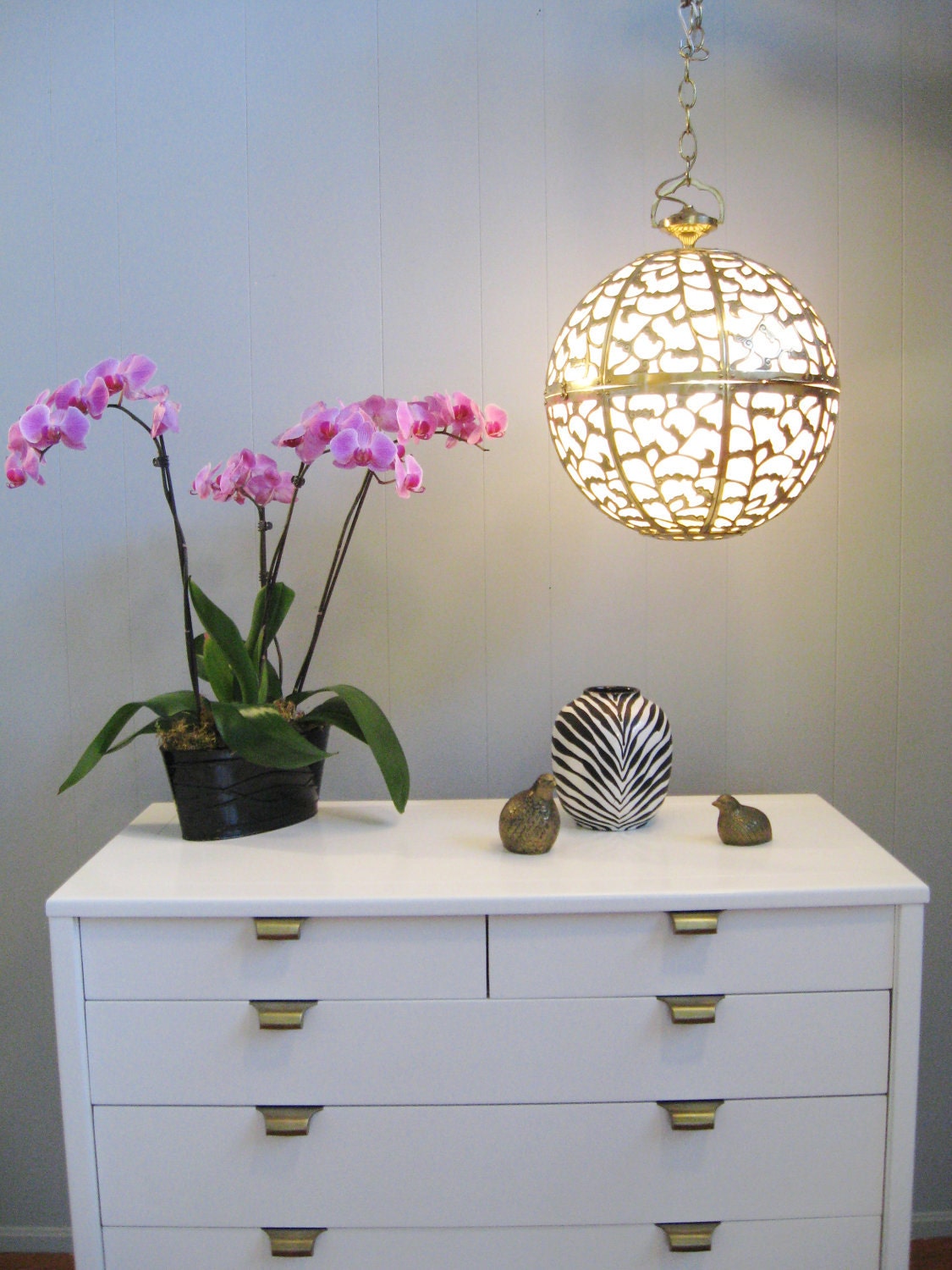 Vintage HOLLYWOOD REGENCY Pierced BRASS Orb Hanging Lamp