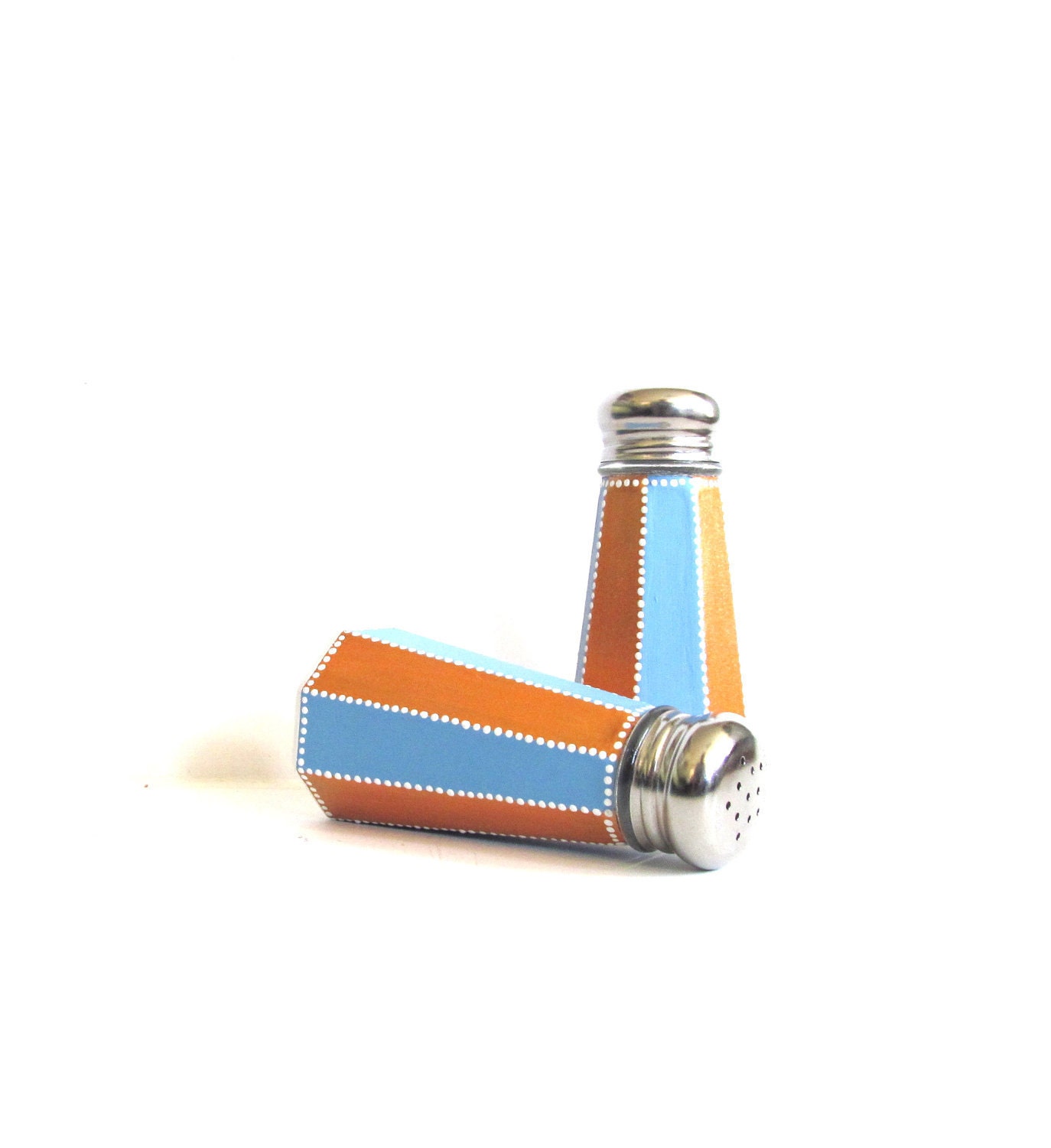 Blue and Orange Stripes: Hand painted Salt and Pepper shakers