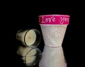 I Love You: Pink and White hand painted Terracotta pot Candle Holder