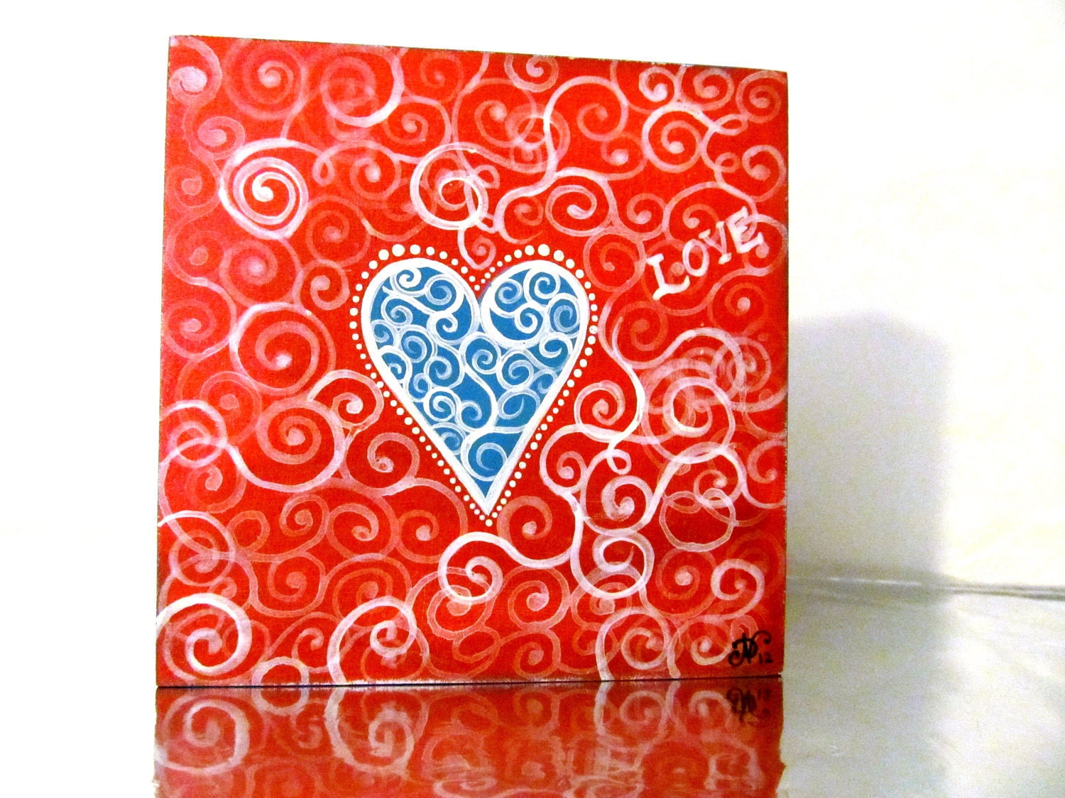 Red with Blue Heart Love small Painting