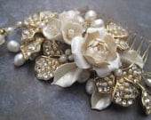 Bridal Porcelain ivory flowers gold wire wrapped hair comb