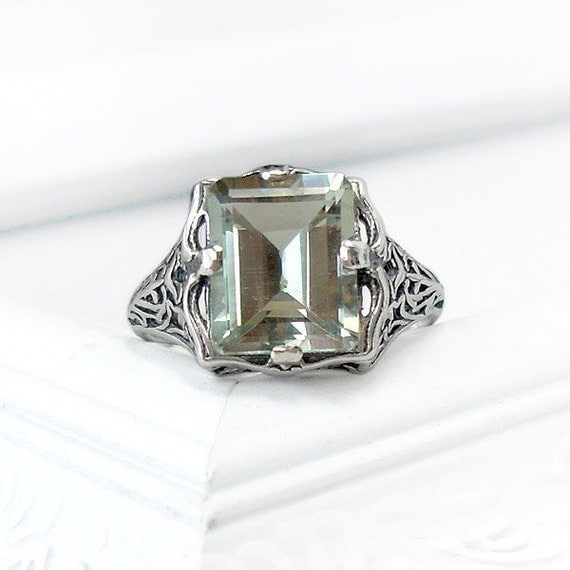 Avalon Ring: Green Amethyst and Sterling Silver - victorian filigree, prasiolite, gemstone, 10x8 emerald cut, antique engagement