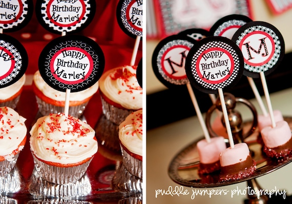 Set of 12 Cupcake Toppers Black Red White Elegant Il_570xn