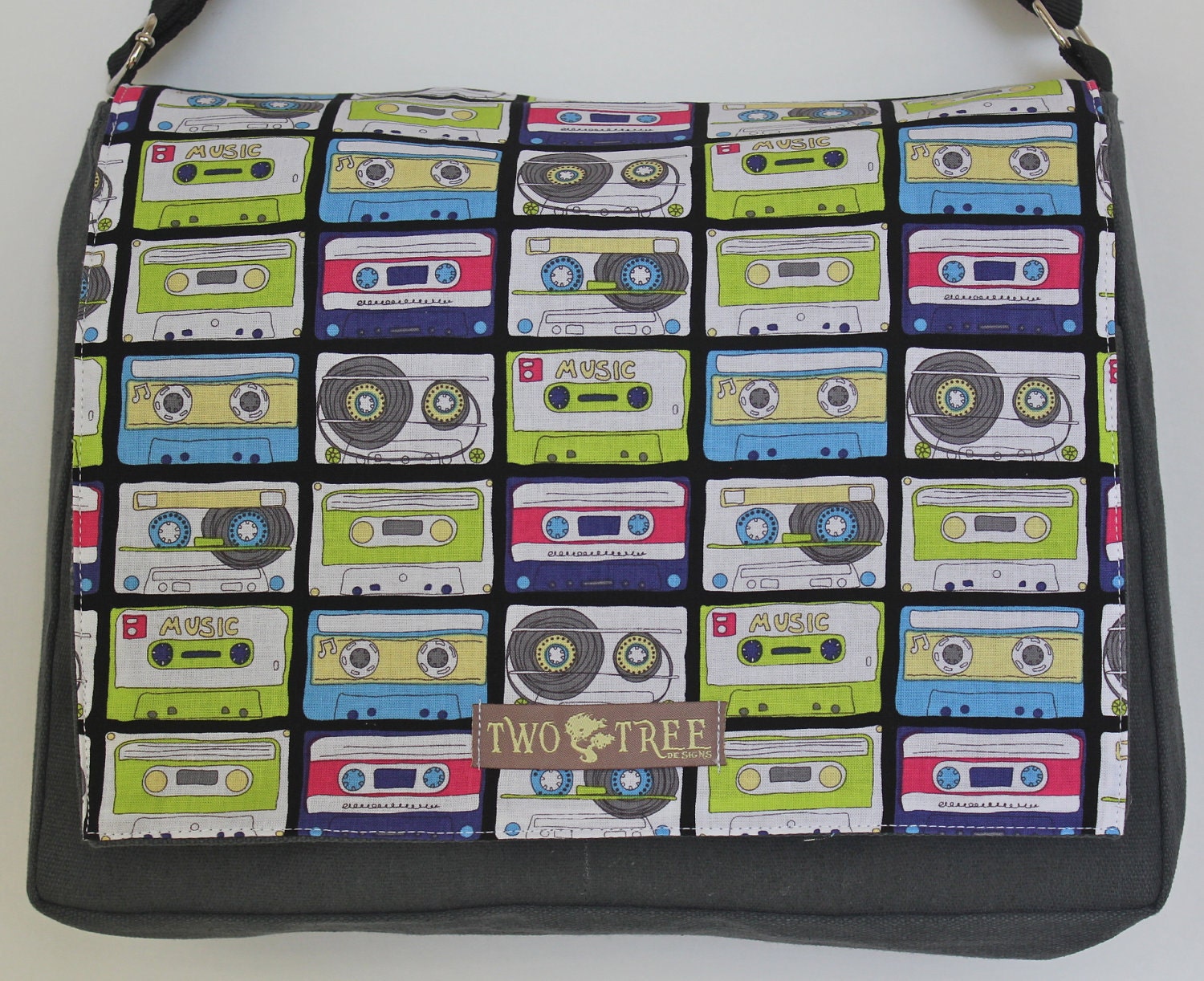 GREY Gray Old School CASSETTE Tapes Music Print MESSENGER Book Laptop Diaper Bag