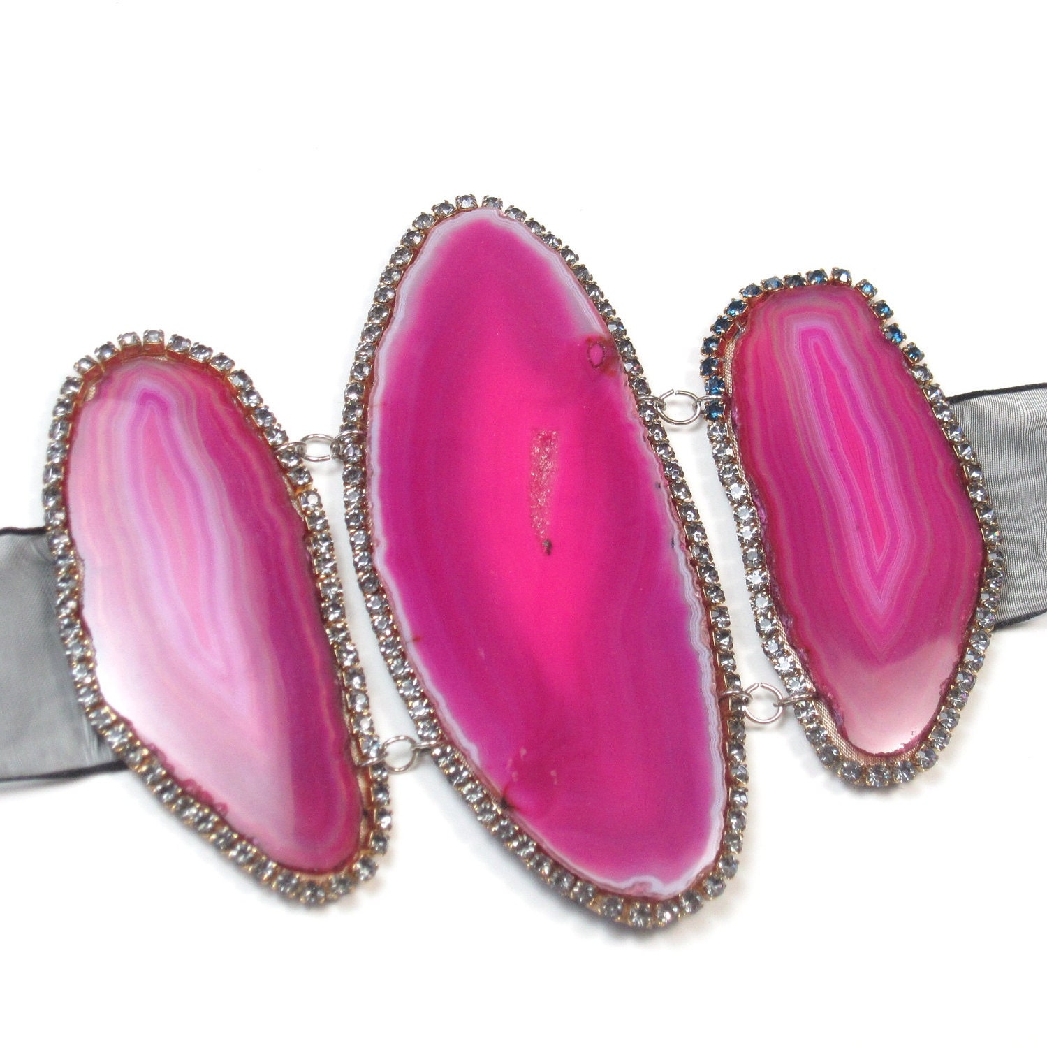 Statement Cuff Hot pink agate and crystals statement tie back bracelet Statement jewelry by Ezzaexclusive