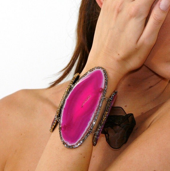 Statement Cuff Hot pink agate and crystals statement tie back bracelet Statement jewelry by Ezzaexclusive