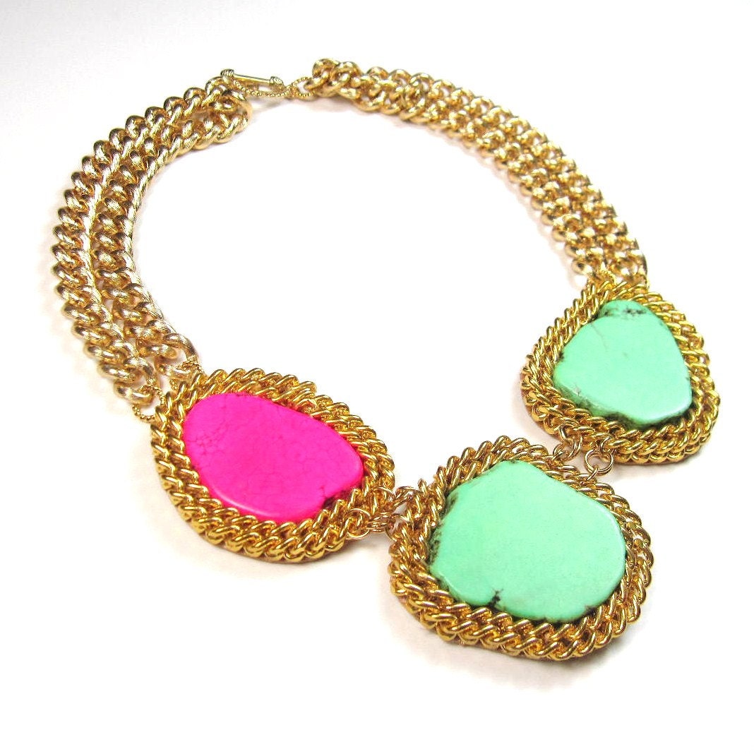 Statement necklace colorblock turquoise pink and green turquoise and gold chain statement necklace