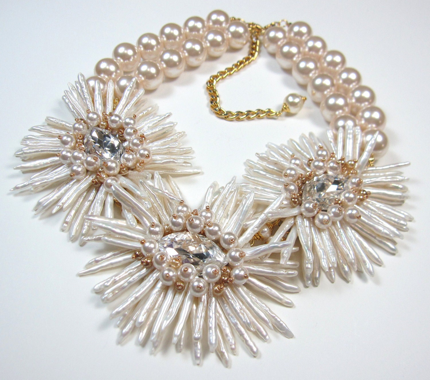 Reserved - Statement necklace bridal bib pearls swarovski crystals white ivory and crystal statement necklace