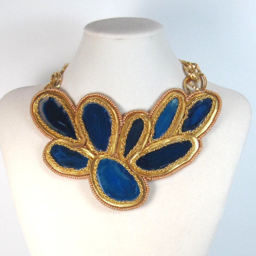 Statement Necklace blue green jewelry geode gold statement collar avant garde agate statement necklace