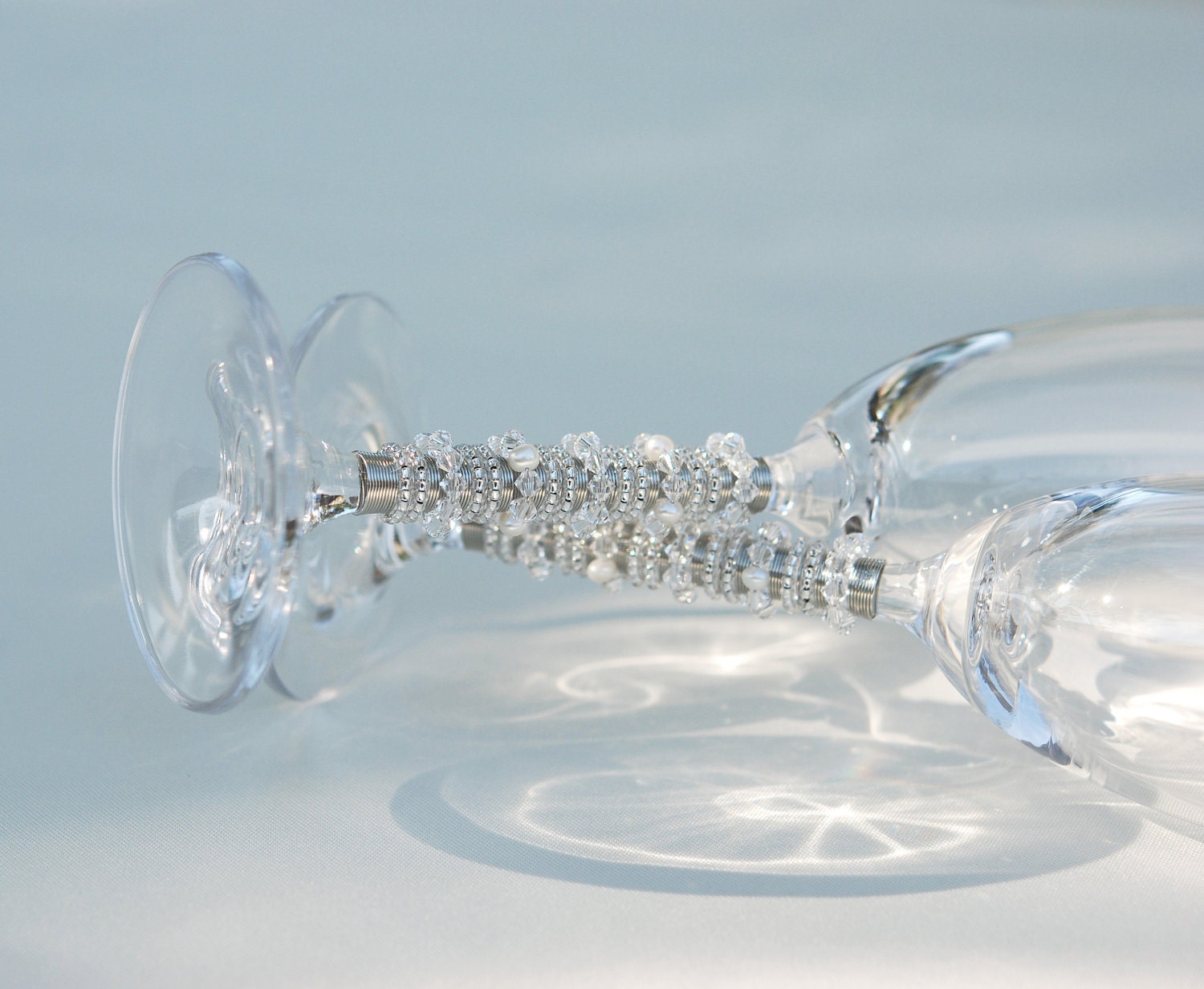 Crystal And Pearl Champagne Toasting Flutes SWAROVSKI and Fresh Water Pearl - Vintage Wedding, Bride And Groom Table Setting Glassware