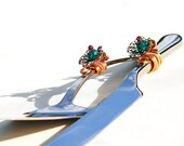 PEACOCK Wedding Cake Server And Knife FLOWER Art Decorated Teal Glass And Amethyst SWAROVSKI Crystal Wire Wrapped In Copper And Antique Gold